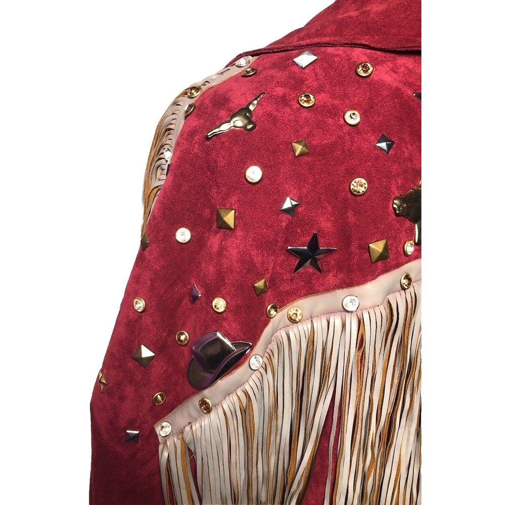 Josefina by Vero Solis Burgundy Fringe Stud Jacket Western Boho M B-58″ DAMAGED - Picture 7 of 16